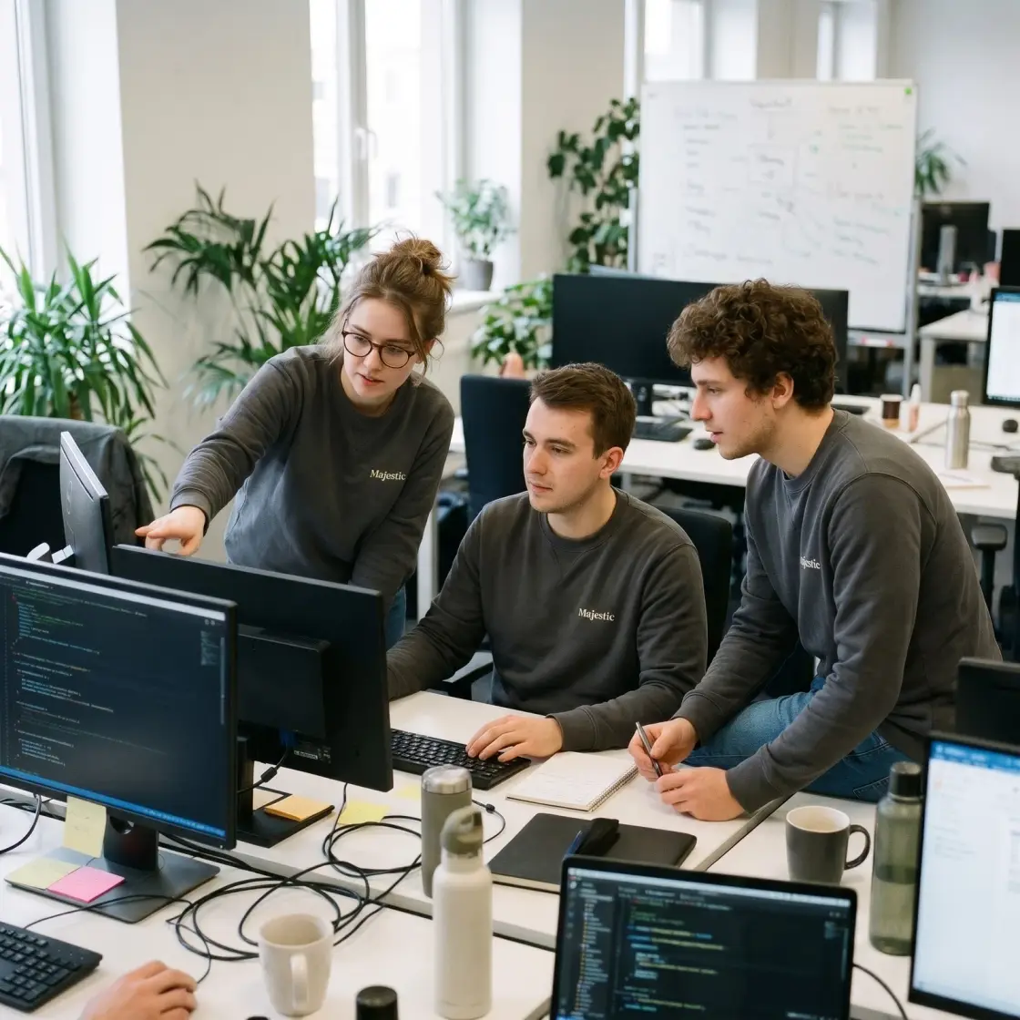 Drei Mitglieder des Majestic-Teams besprechen gemeinsam Code an einem Bildschirm.